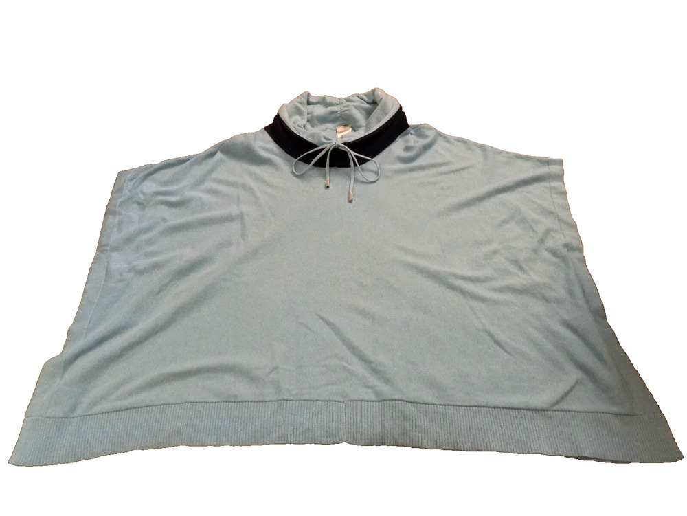Chicos SUPER SOFT Tie Cinch Cowl Neck Poncho Size S/M Light Blue Navy trim Nice